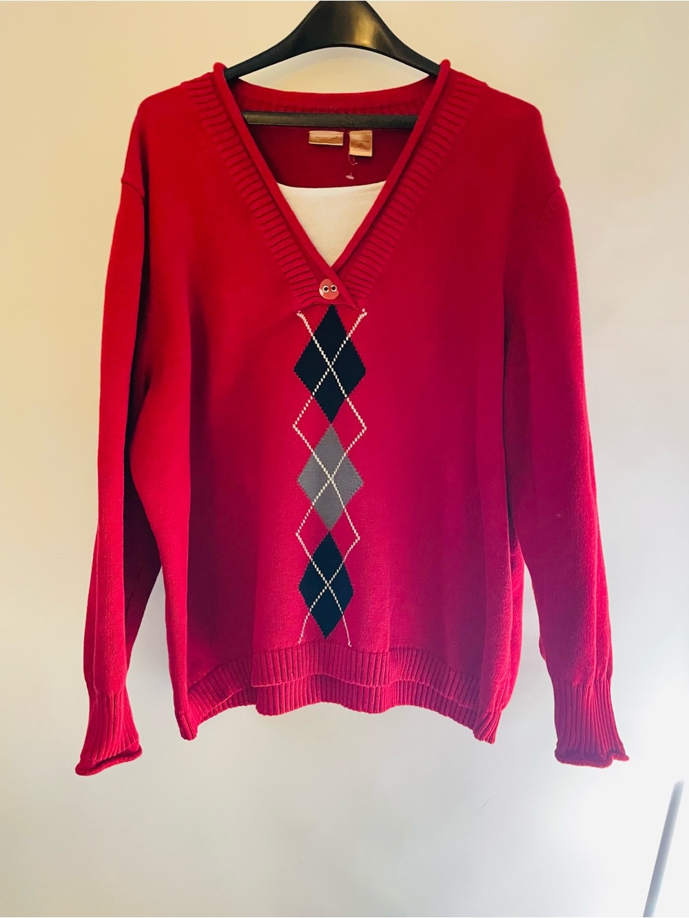 Northcrest Red V-Neck Argyle Sweater